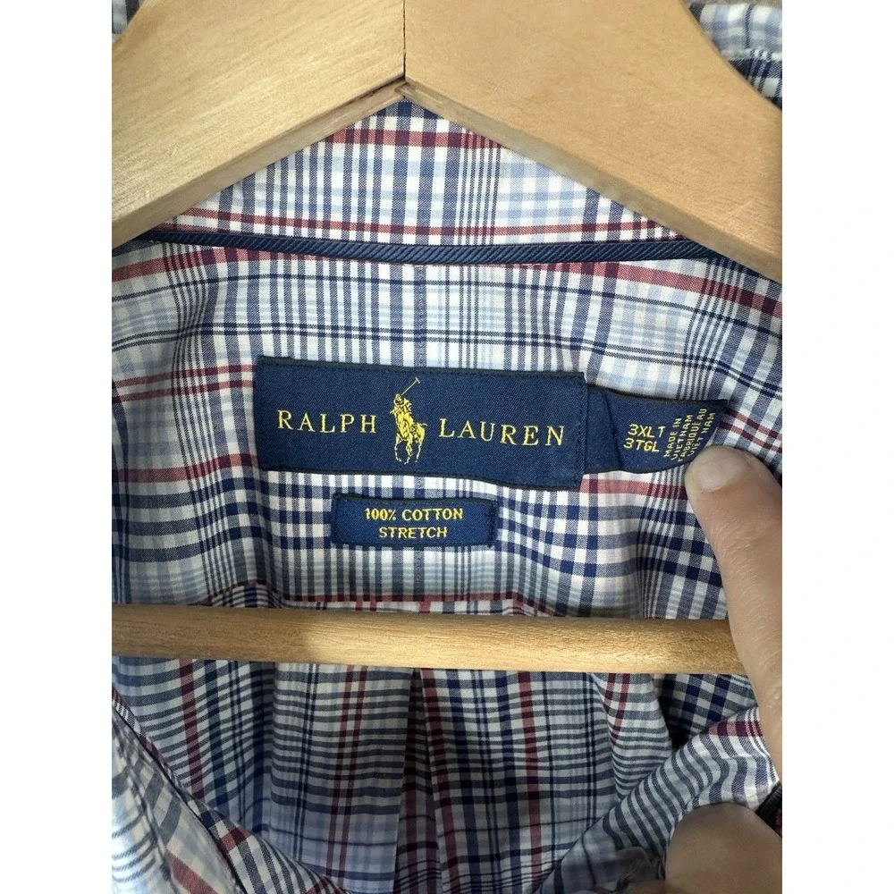 Ralph Lauren Men's 3XLT Blue Red White Plaid Polo Pony Button-Up Stretch Shirt